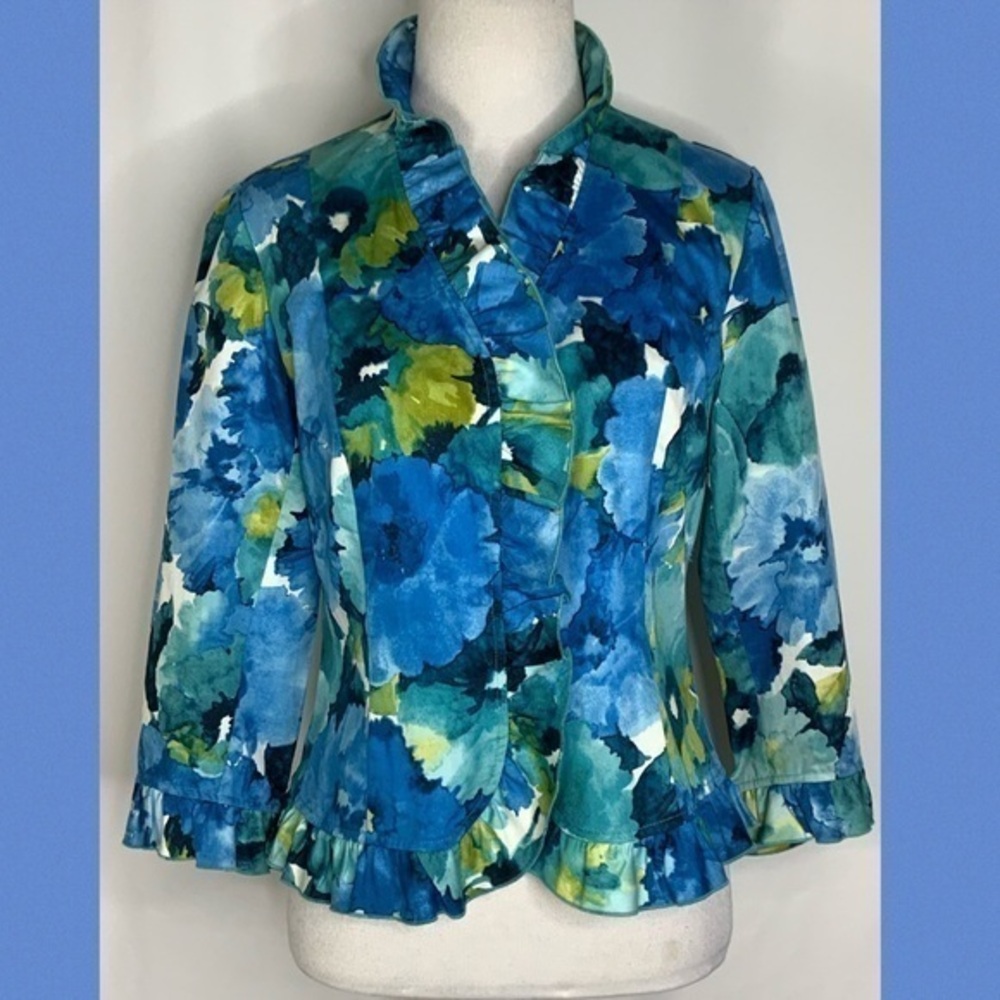 Jones New York Signature Petite Blue Watercolor Blouse PS